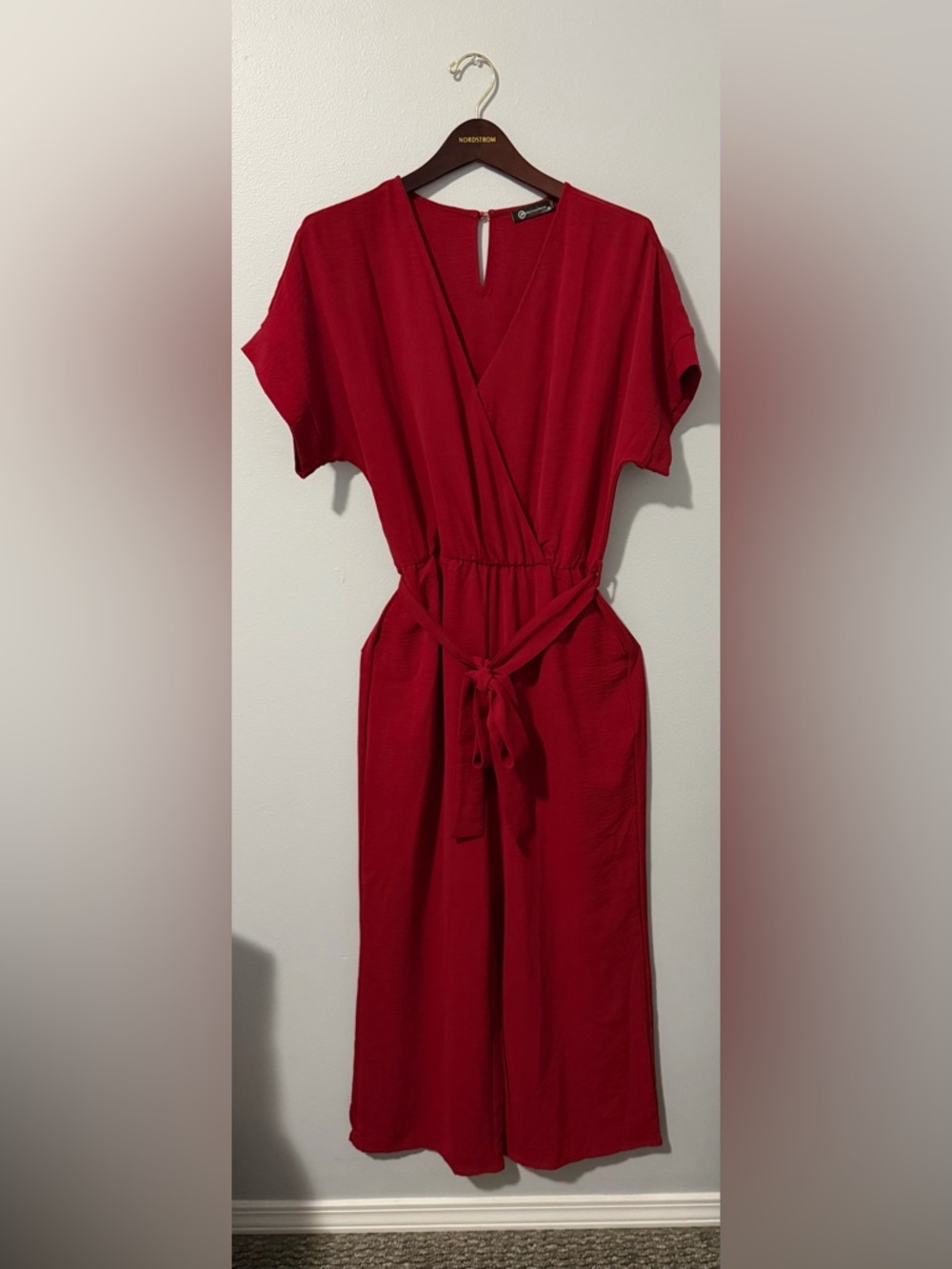 Red Faux-Wrap Jumpsuit with Tie Waist